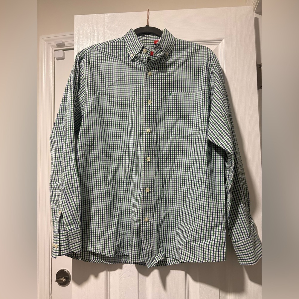 Izod Men's Blue and Green Checkered Button Down Shirt